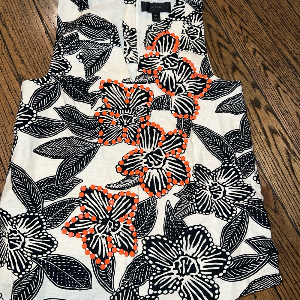 J.Crew Notched Shell Polynesian Floral Tropical Print Top‎ Size 00 Black Orange
